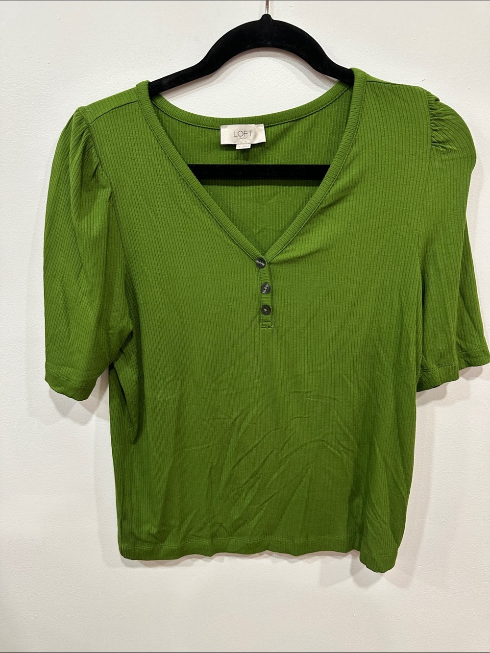 LOFT Green Ribbed V-Neck Short Sleeve Top